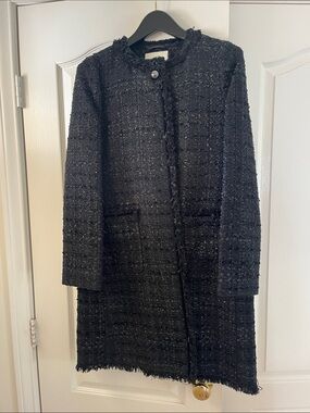 kate spade Black Tweed Fringe-Trim Long Coat